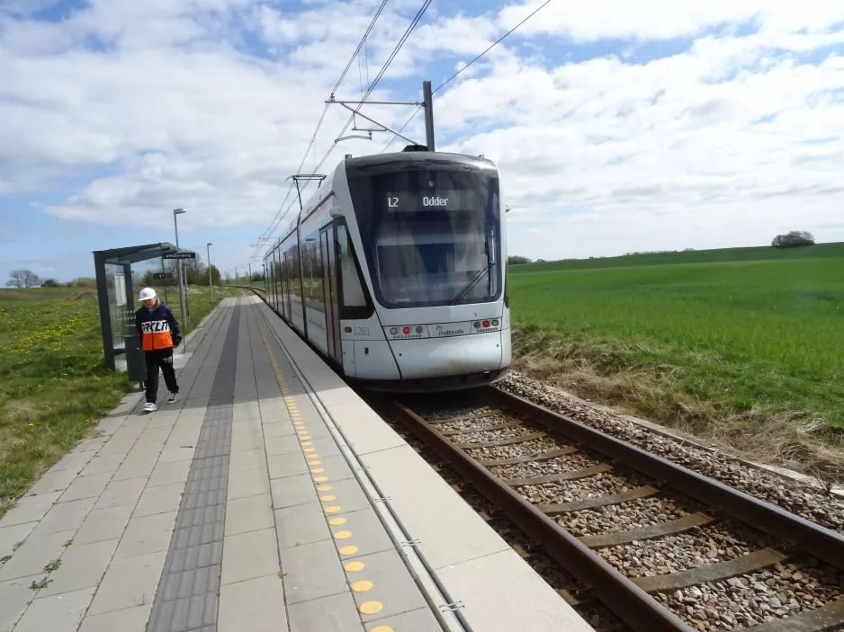 Aarhus light rail line L2 with low-floor articulated tram 1101-1201 at Vilhelmsborg (2020)