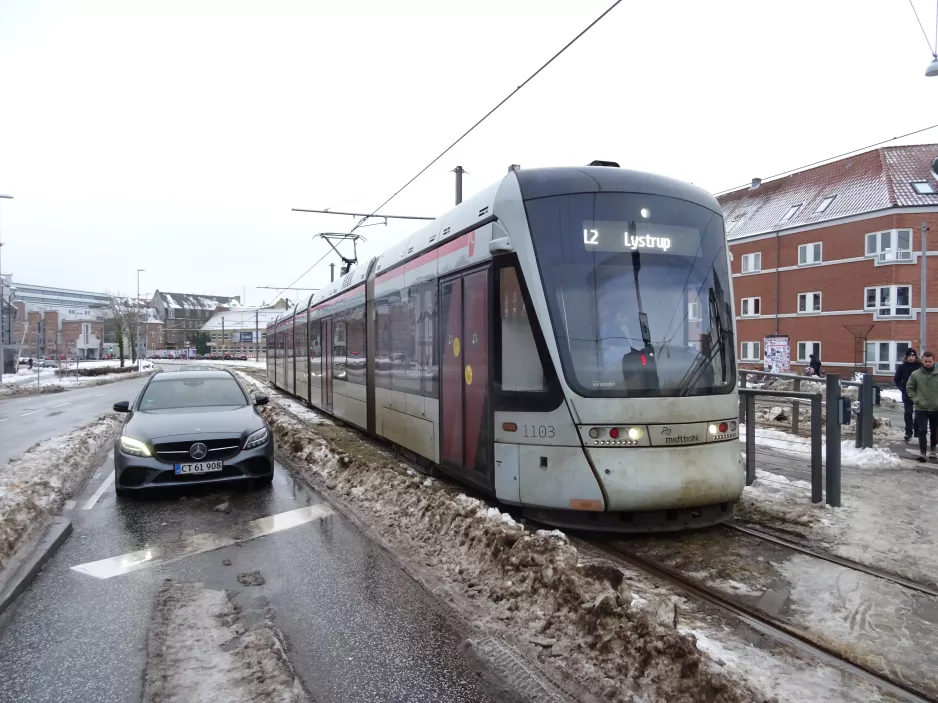 Aarhus light rail line L2 with low-floor articulated tram 1103-1203 at Nørreport (2024)