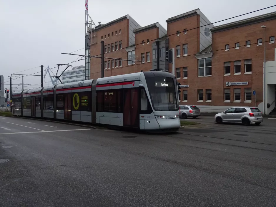 Aarhus light rail line L2 with low-floor articulated tram 1103-1203 near Nørreport Nørreport/Mejlgade (2019)