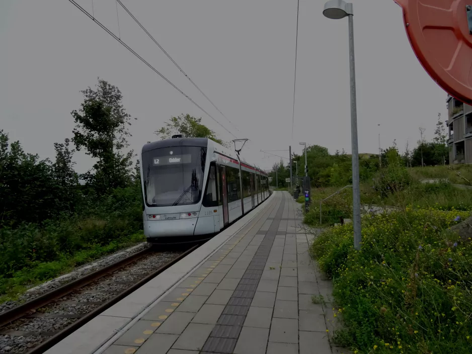 Aarhus light rail line L2 with low-floor articulated tram 1105-1205 at Rosenhøj (2021)
