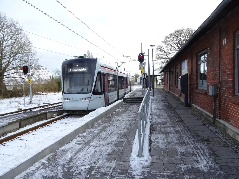 Aarhus light rail line L2 with low-floor articulated tram 1108-1208 at Tranbjerg (2021)