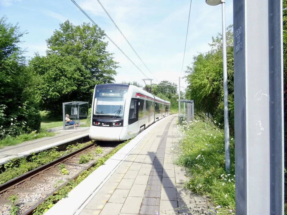 Aarhus light rail line L2 with low-floor articulated tram 2105-2205 at Mølleparken (2021)