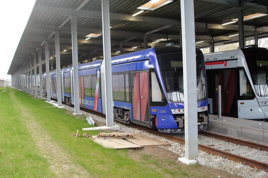 Aarhus low-floor articulated tram 1104-1204 at Trafik- og Servicecenter (2017)