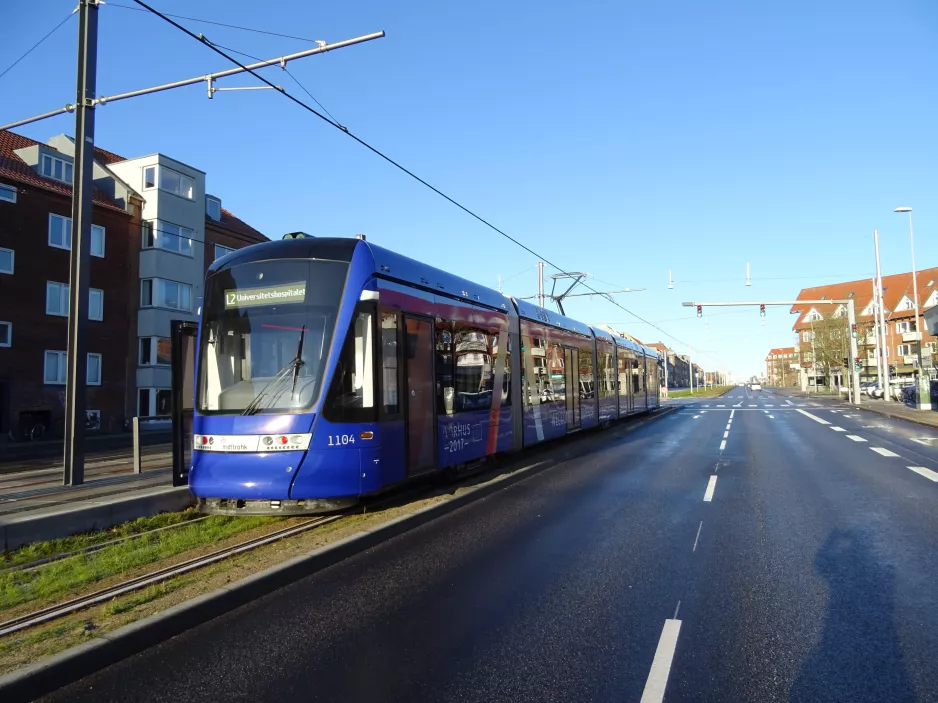 Aarhus low-floor articulated tram 1104-1204 near Stjernepladsen (2017)