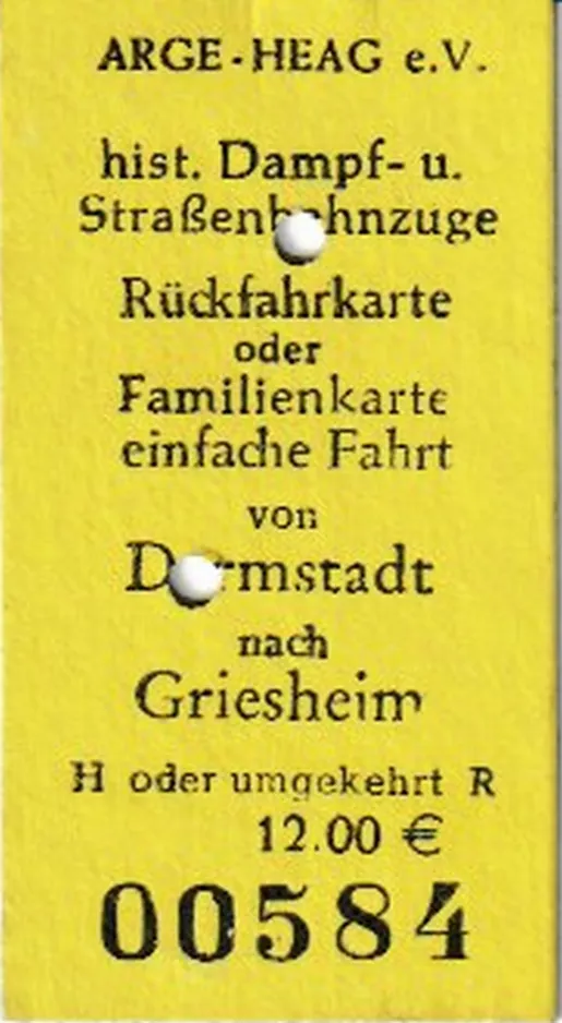 Adult round trip ticket for Arbeitsgemeinschaft Historische HEAG-Fahrzeuge (ARGE HEAG), the front (2024)