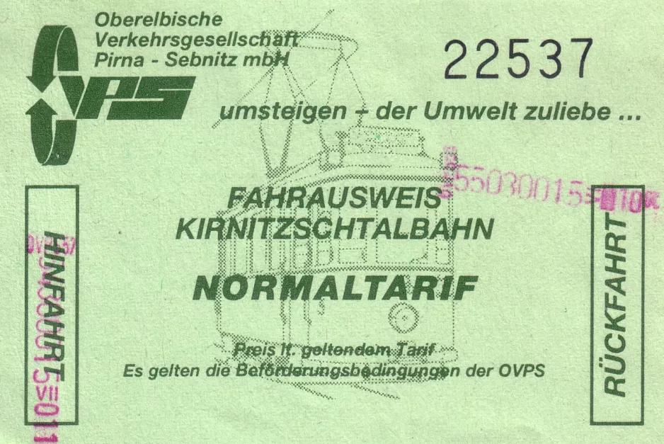 Adult round trip ticket for Regionalverkehr Sächsische Schweiz-Osterzgebirge (RVSOE) (1996)