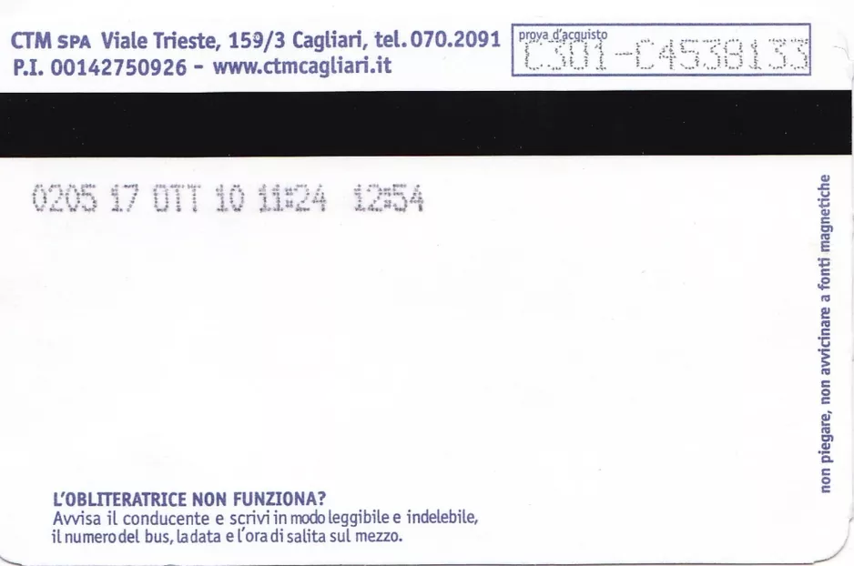 Adult ticket for Azienda Regionale Sarda Trasporti in Cagliari (ARST), the back (2010)