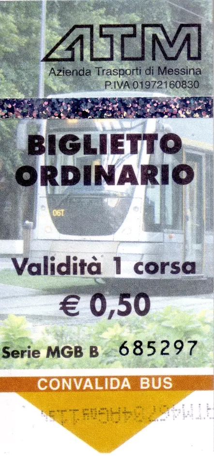 Adult ticket for Azienda Trasporti Messina (ATM), the front (2009)