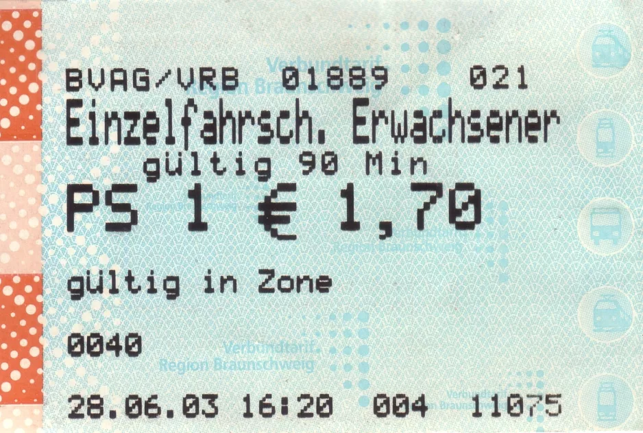 Adult ticket for Braunschweiger Verkehr (BSVG), the front (2003)
