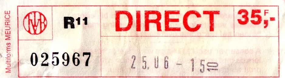 Adult ticket for Brussels Intercommunal Transport Company (MIVB/STIB) (1990)