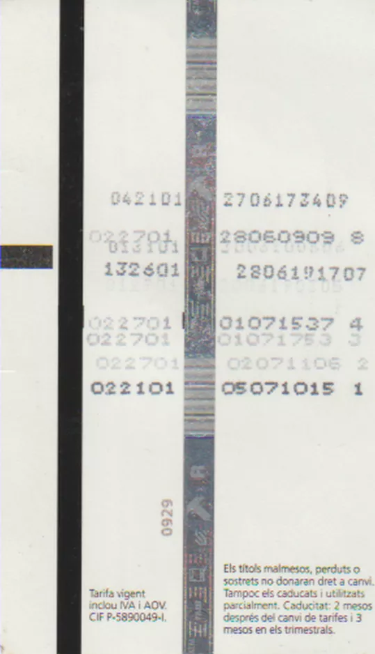 Adult ticket for El Tram, the back (2019)