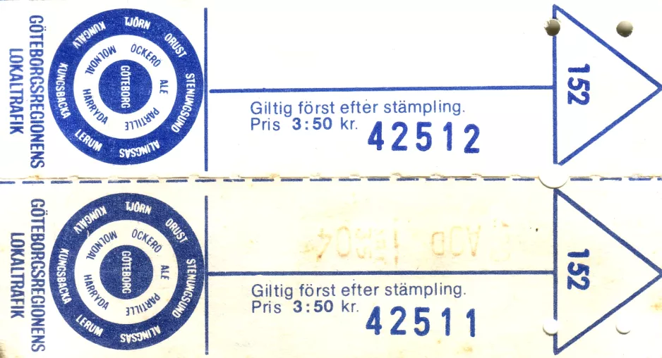 Adult ticket for Göteborgs Spårvägar (GS), the front (1986)