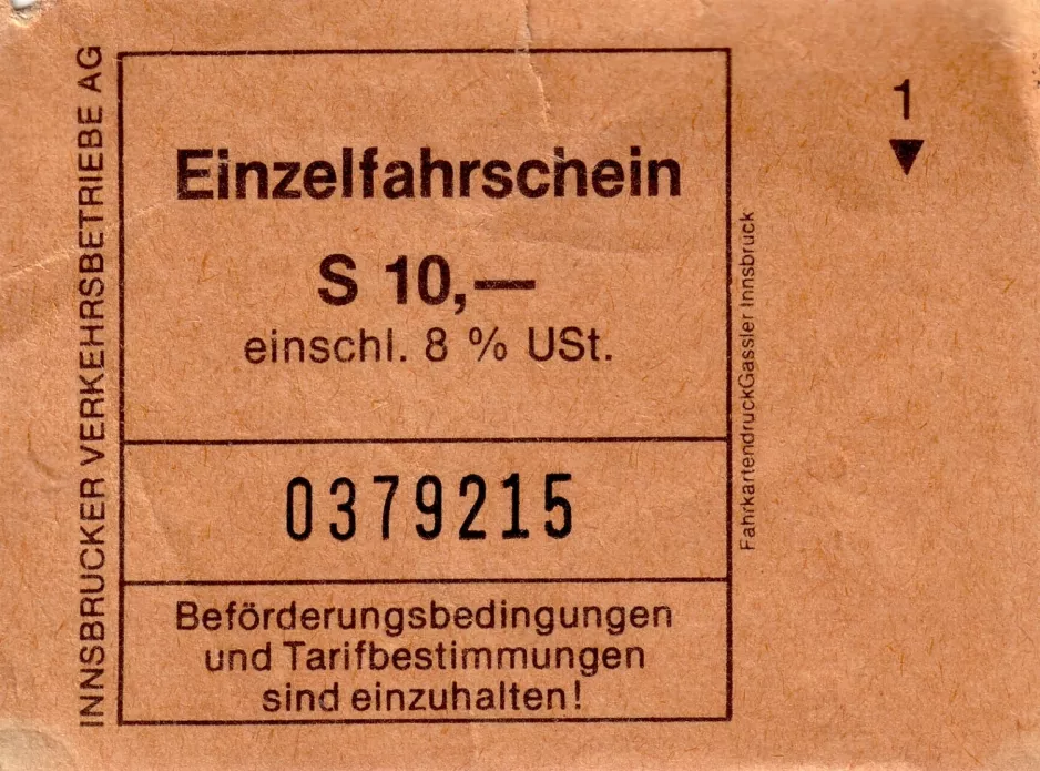 Adult ticket for Innsbrucker Verkehrsbetriebe (IVB) (1982)