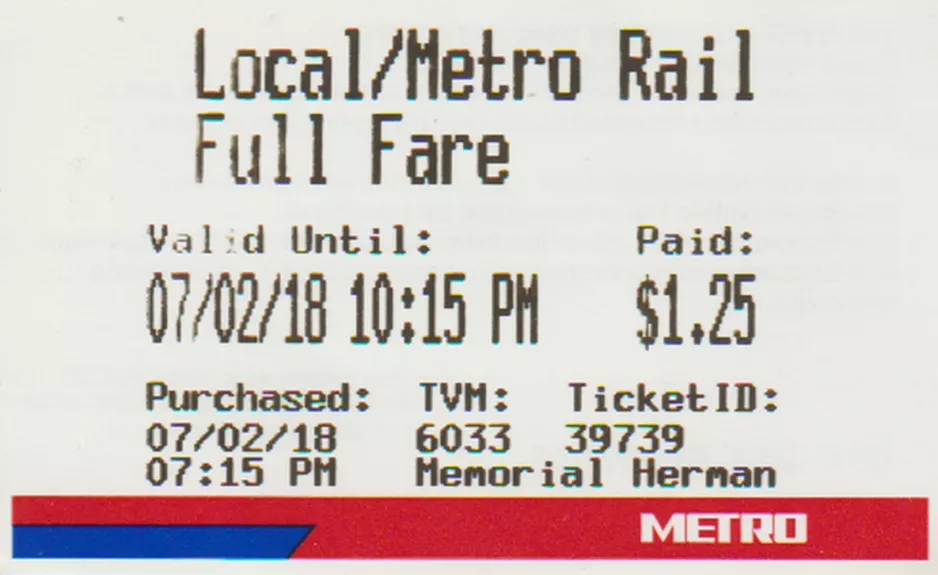 Adult ticket for Metropolitan Transit Authority of Harris County (METROrail) (2018)