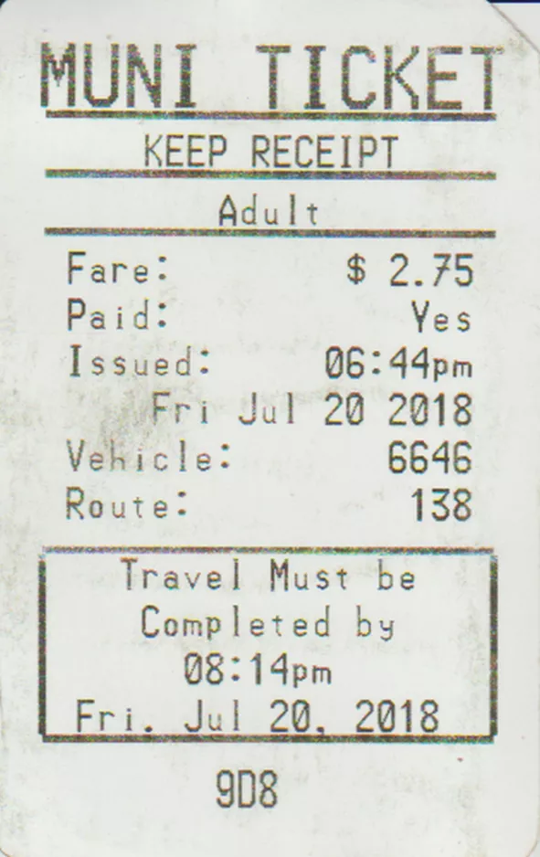 Adult ticket for Muni Metro, the front (2018)