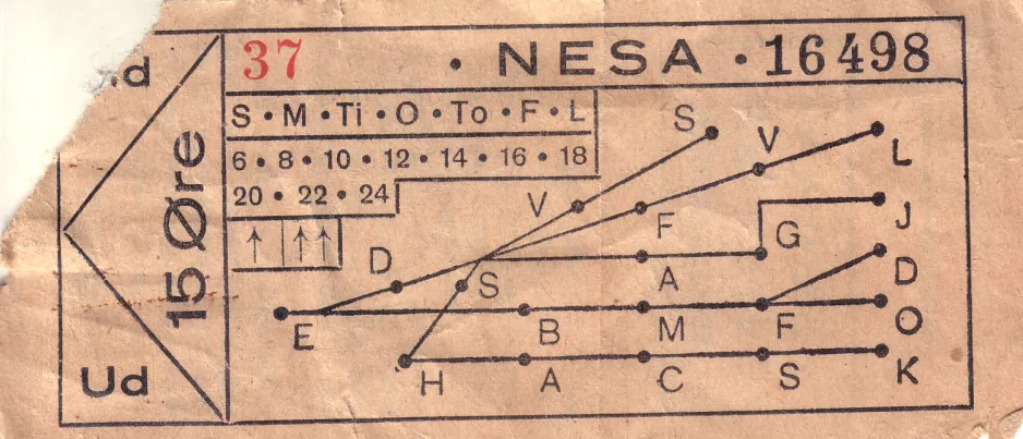 Adult ticket for Nordsjællands Elektricitets- og Sporvejs Aktieselskab (NESA), the front (1938)