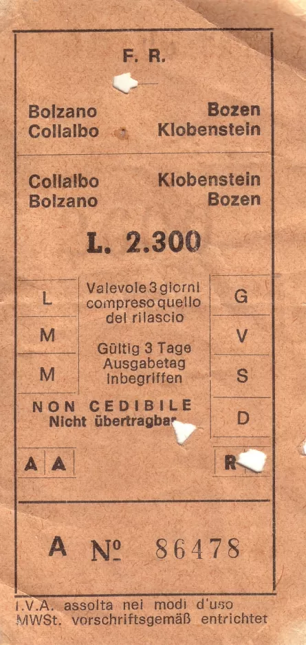 Adult ticket for Südtiroler Autobus Dienst (SAD) (1982)