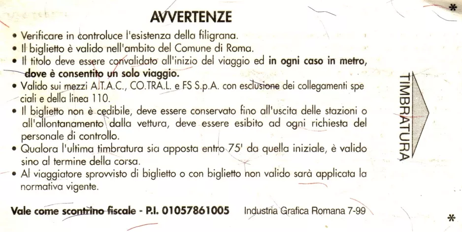Adult ticket for Tramway and Bus Agency of the City of Rome (ATAC), the back (1999)