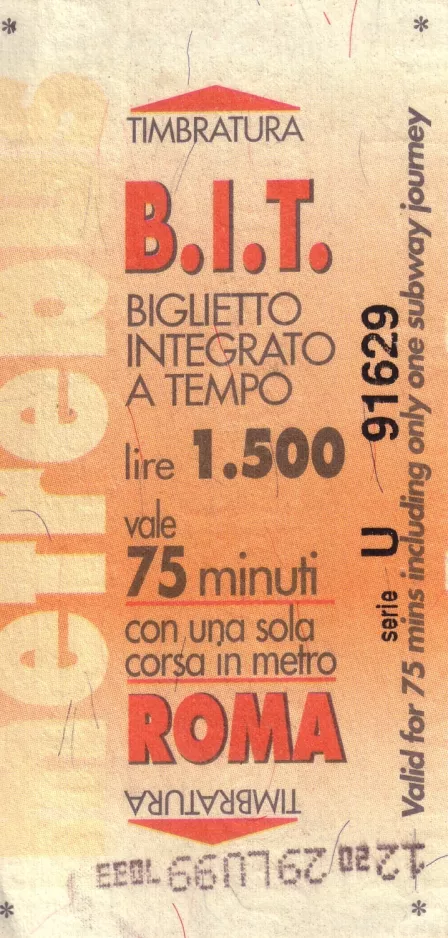 Adult ticket for Tramway and Bus Agency of the City of Rome (ATAC), the front (1999)