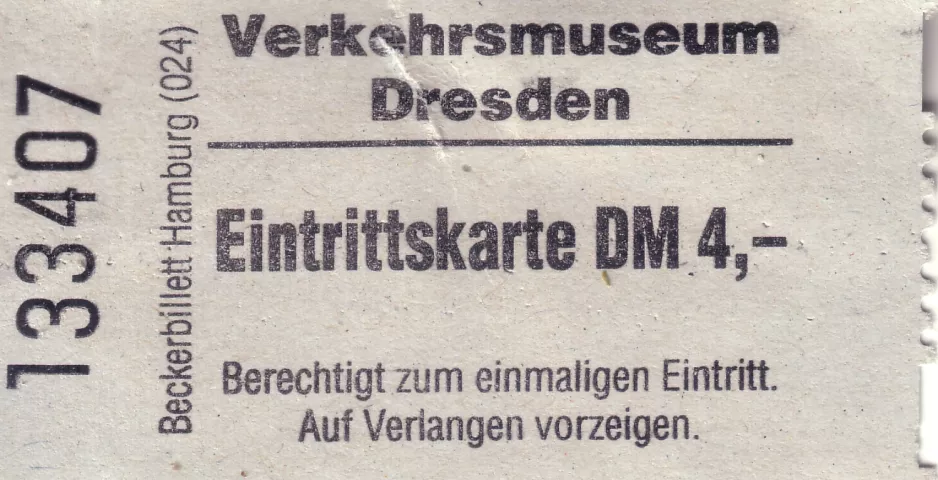 Adult ticket for Verkehrsmuseum Dresden (VMD) (1996)
