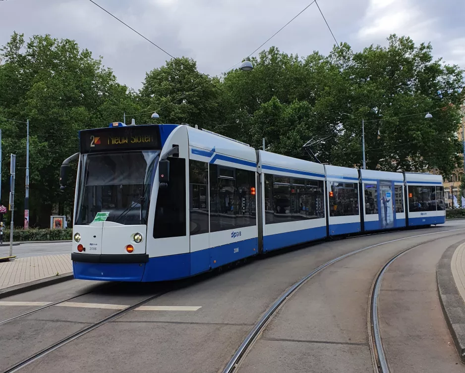 Amsterdam tram line 2 with low-floor articulated tram 2006 on Leidseplein (2020)