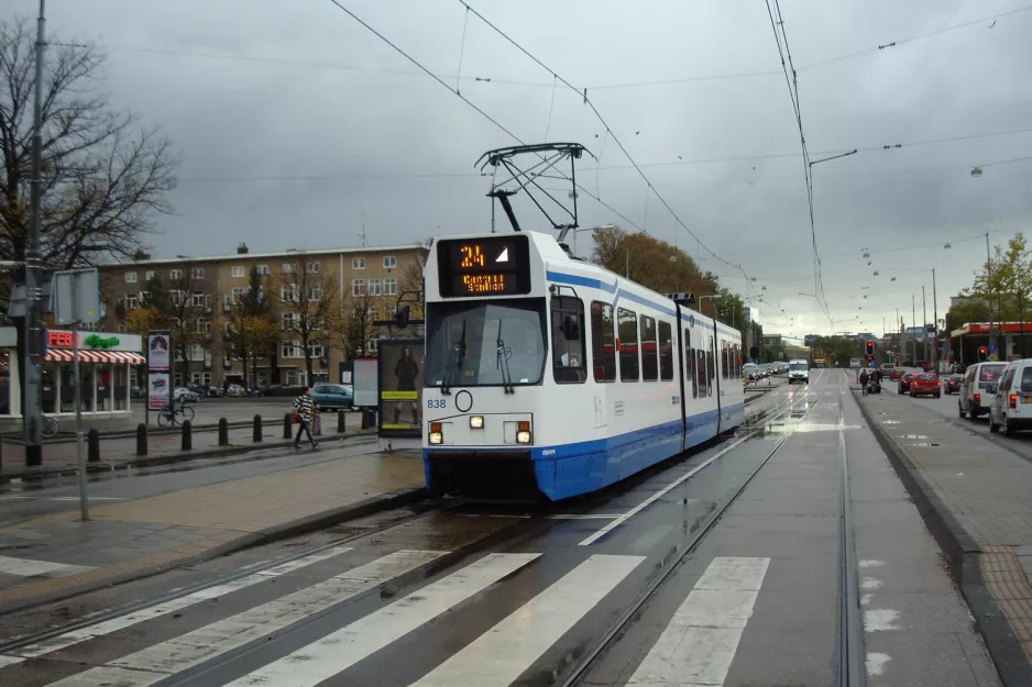 Amsterdam tram line 24 with articulated tram 838 at Olympisch Stadion (Stadionplein) (2011)