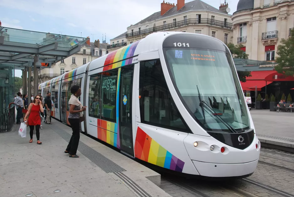 Angers tram line A with low-floor articulated tram 1011 at Ralliement close (2016)