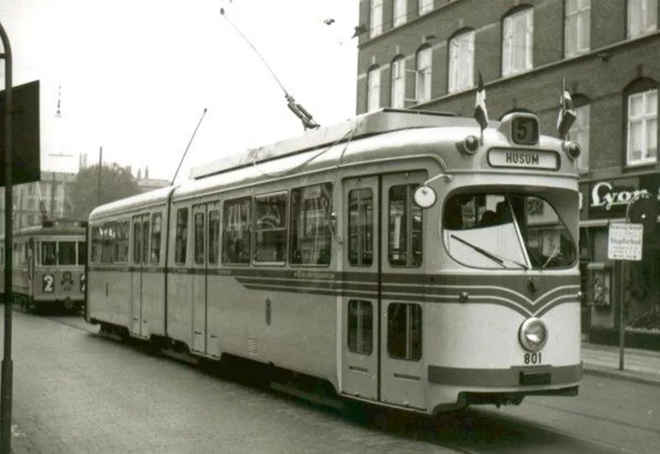 Archive photo: Copenhagen tram line 5 with articulated tram 801 on Nørrebrogade (1960)