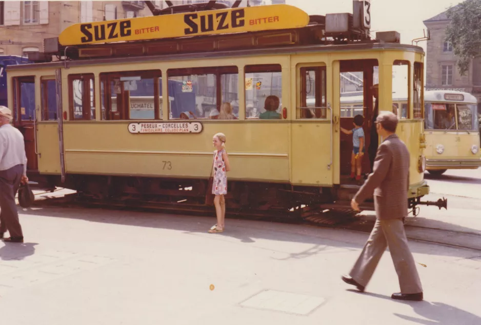 Archive photo: Neuchâtel tram line 3 with railcar 73 at Place Pury (1976)