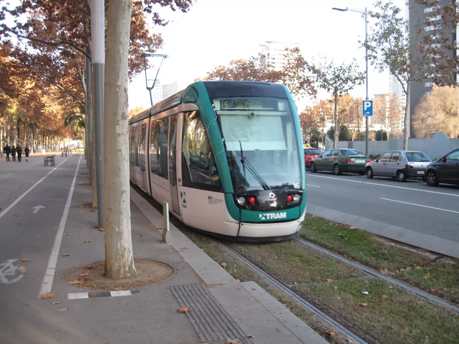 Barcelona tram line T4 with low-floor articulated tram 16 on Avinguda Diagonal (2015)