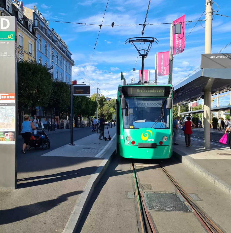 Basel tram line 1 with low-floor articulated tram 316 at Bahnhof SBB (2020)