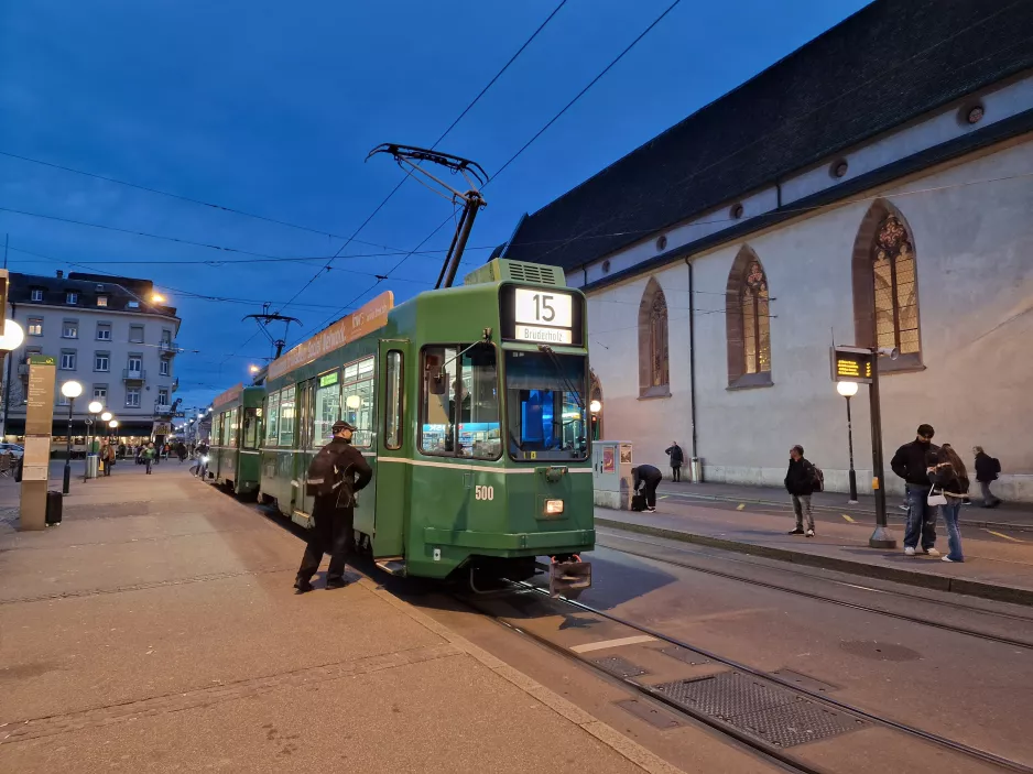 Basel tram line 15 with railcar 500 at Claraplatz (2024)