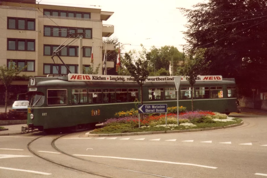 Basel tram line 7 with articulated tram 607 at Binningen Kronenplatz (1982)