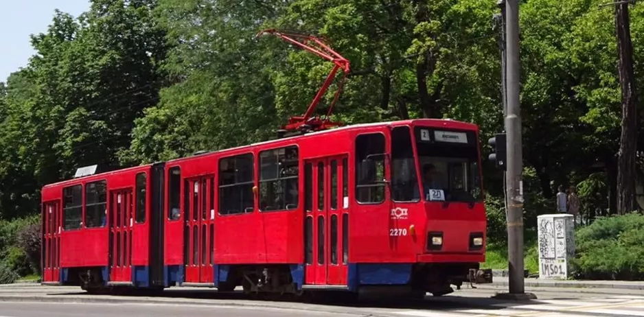 Belgrade tram line 2 with articulated tram 2270 at Pristanište (2019)
