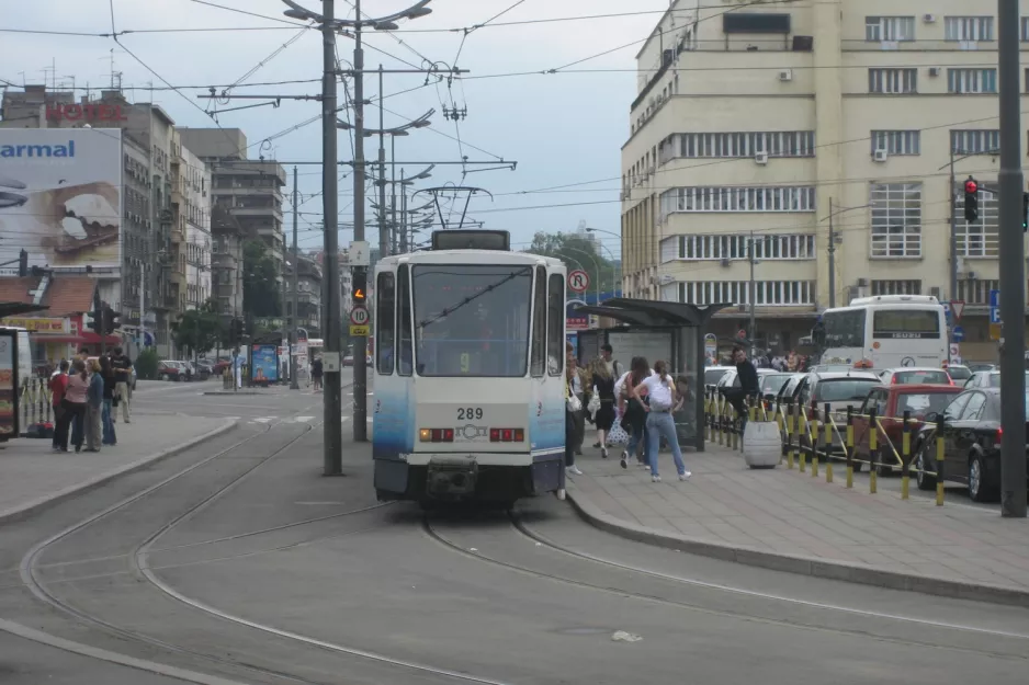 Belgrade tram line 9 with articulated tram 289 at Savski Trg (2008)