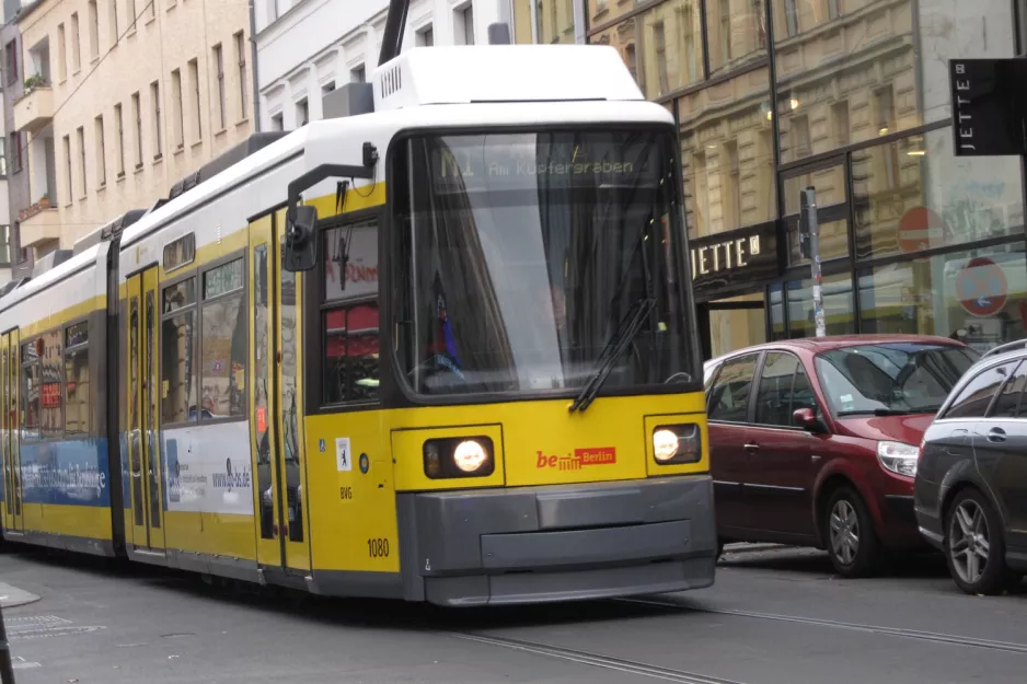 Berlin fast line M1 with low-floor articulated tram 1080 on Oranienburger Strasse (2012)