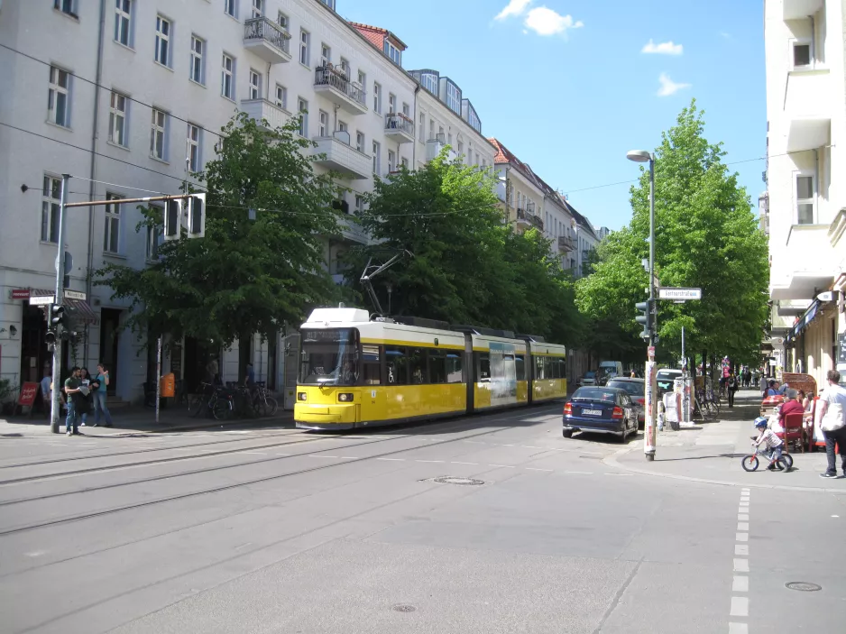 Berlin fast line M13 with low-floor articulated tram 1071 close by Wühlischstr. / Gärtnerstr. (2016)