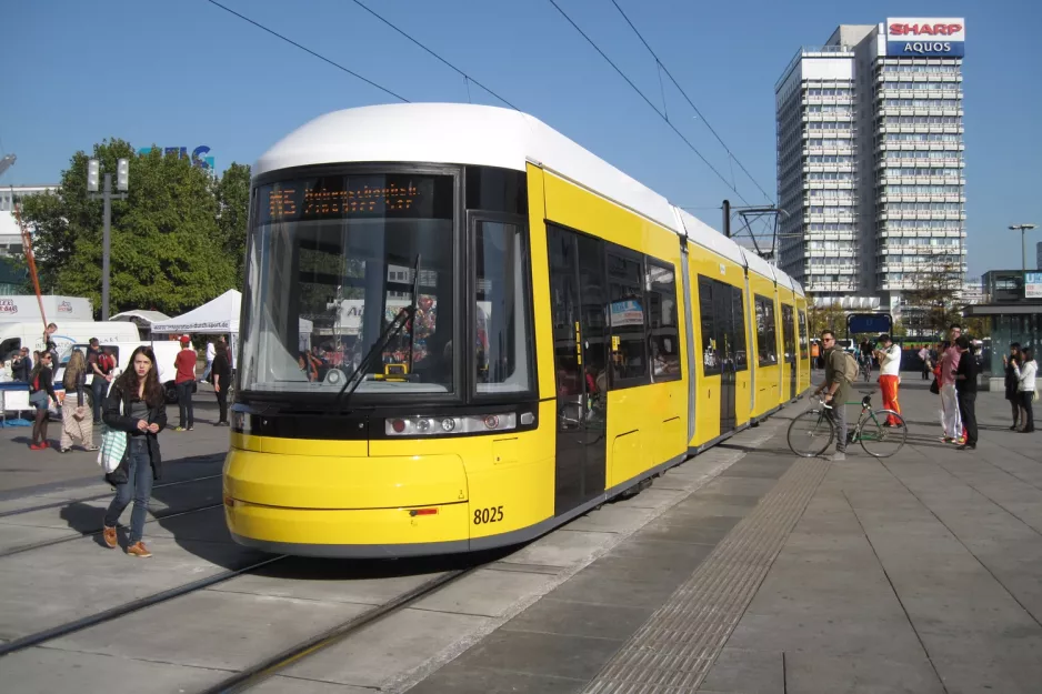 Berlin fast line M5 with low-floor articulated tram 8025 on Alexanderplatz (2012)