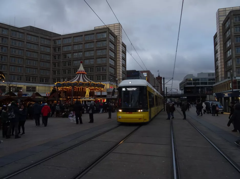 Berlin fast line M5 with low-floor articulated tram 9090 on Alexanderplatz (2018)