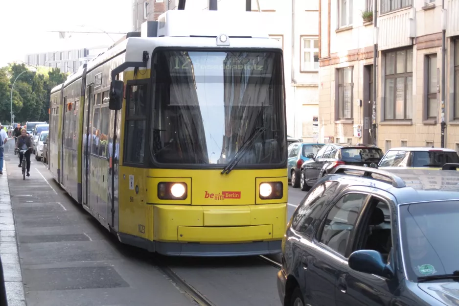 Berlin tram line 12 with low-floor articulated tram 1023 at Niederbarnimstr. (2012)