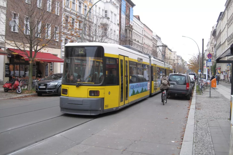 Berlin tram line 12 with low-floor articulated tram 1068 on Oranienburger Straße (2010)