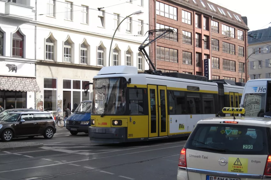 Berlin tram line 12 with low-floor articulated tram 2013 near Rosenthaler Platz (2012)