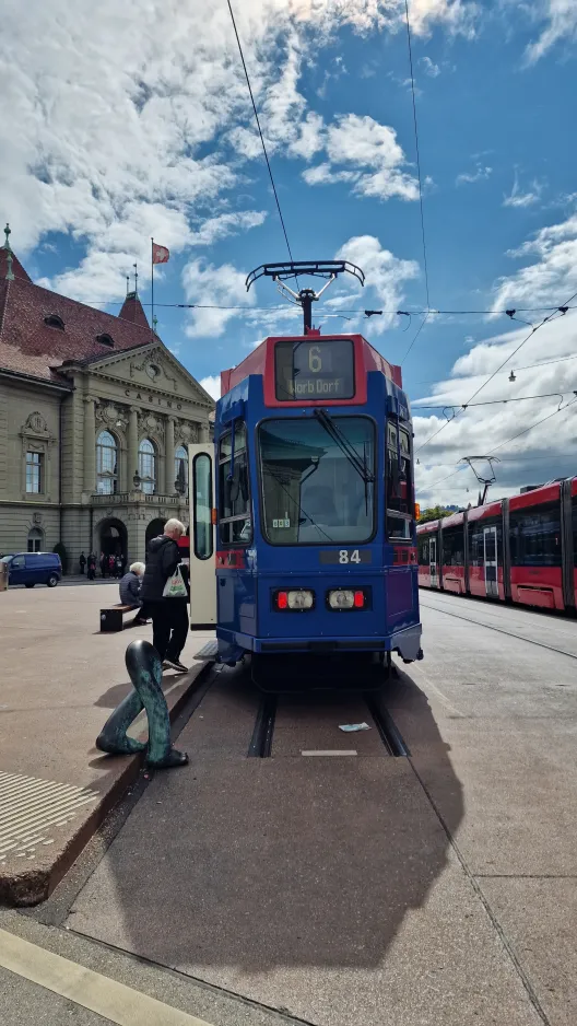 Berne regional line 6 with articulated tram 84 at Zytglogge (2024)