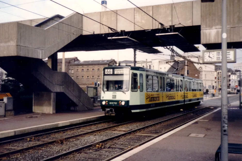 Bonn tram line 66 with articulated tram 8372 at Stadthaus (1988)