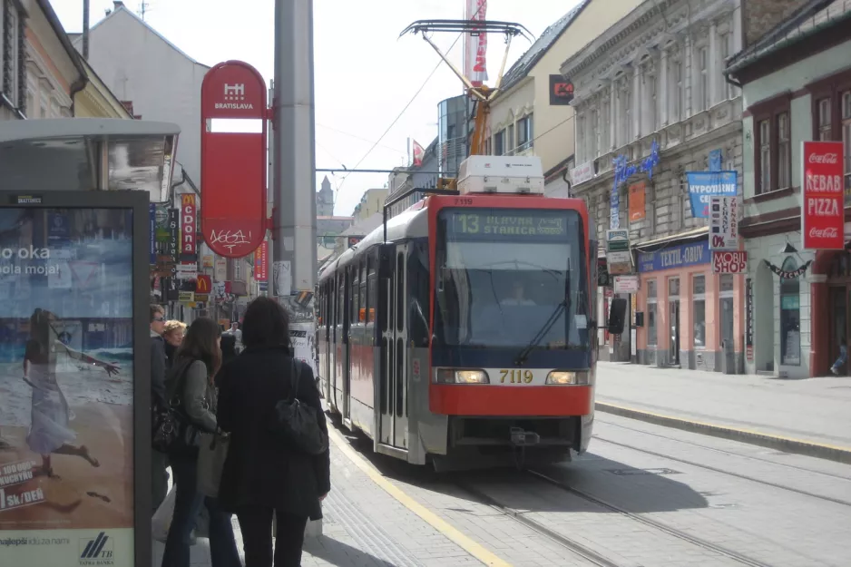Bratislava tram line 13 with articulated tram 7119 on Poštová (2008)