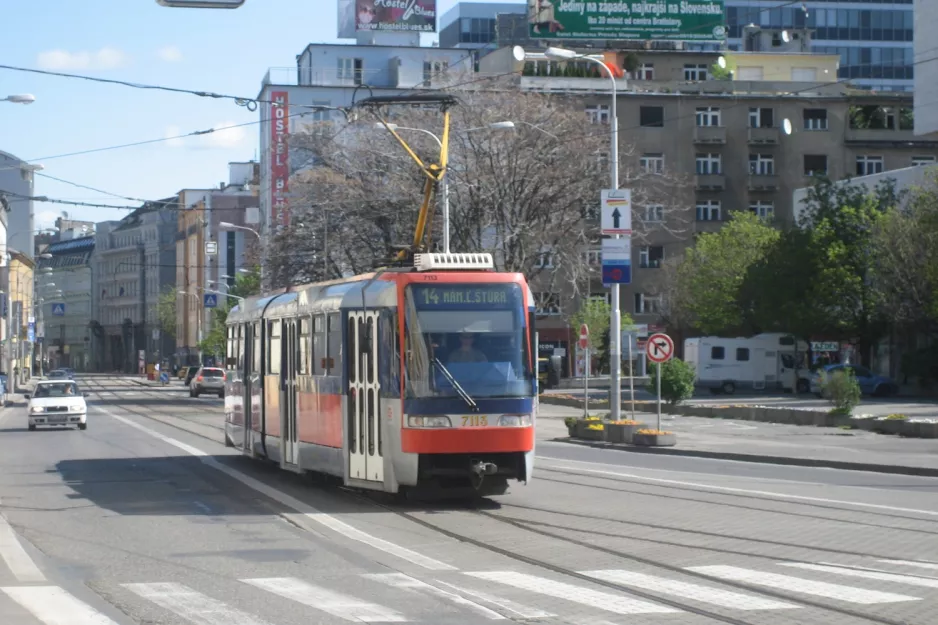 Bratislava tram line 14 with articulated tram 7113 on Centrum (2008)