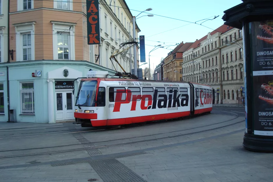 Bratislava tram line 8 with articulated tram 7117 on Hurbanovo námestie (2014)