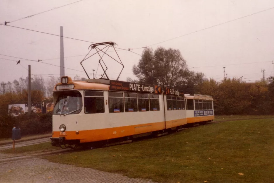 Braunschweig tram line 1 with articulated tram 7754 at Hauptbahnhof (1988)