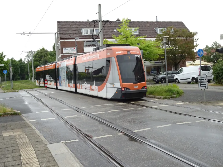 Braunschweig tram line 1 with low-floor articulated tram 1457 near Stöckheimer Markt (2024)