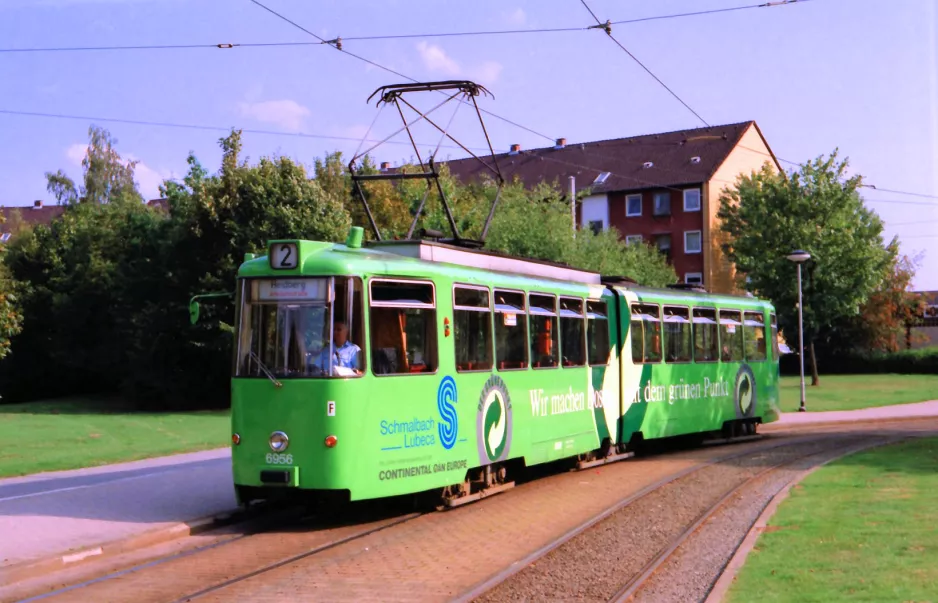 Braunschweig tram line 2 with articulated tram 6956 at Anklamstr. (1992)